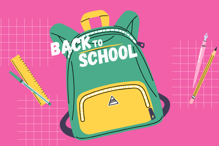 pink background with green and yellow backpack. Text: Back to School