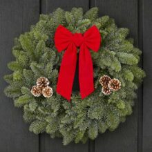 christmas wreath made of noble fir with red bow and pine cones