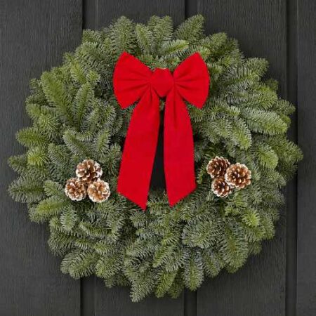christmas wreath made of noble fir with red bow and pine cones