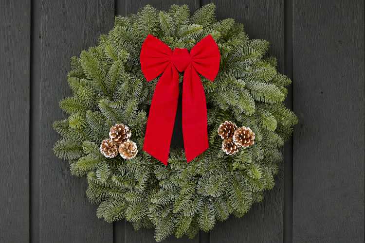 Christmas wreath with red bow and pine cones